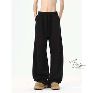 V37秋季潮牌黑色宽松直筒cleanfit弯刀加绒卫裤男高街运动休闲裤