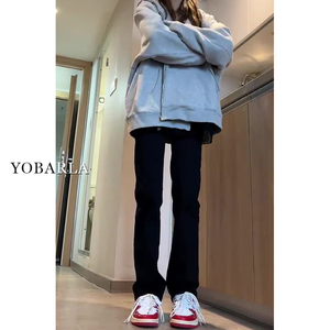 秋冬加绒黑色牛仔裤女大码高腰弹力显瘦窄版直筒胖mm梨型适用