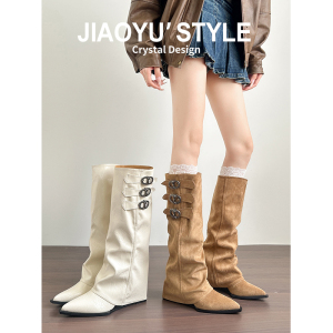 骄屿真皮尖头内增高白色不过膝长筒骑士靴女皮带扣坡跟款