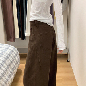 咖色加绒阔腿牛仔裤女秋冬款 高腰宽松显瘦胖mm梨型身材弯刀裤