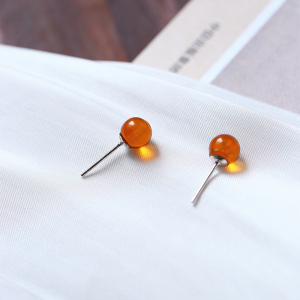 天然血珀圆珠S925银镶嵌小灯泡耳钉 女款蜜蜡琥珀耳饰 福利款