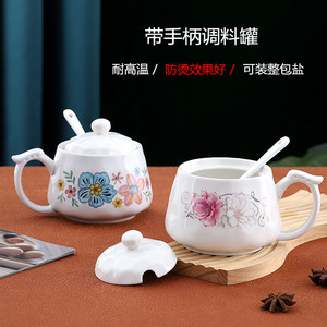 陶瓷大容量双耳调料罐 耐高温带盖勺 厨房泼辣椒油专用罐