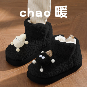 2025新款冬季高帮加绒厚底包跟女棉拖鞋 室内外穿保暖毛毛鞋