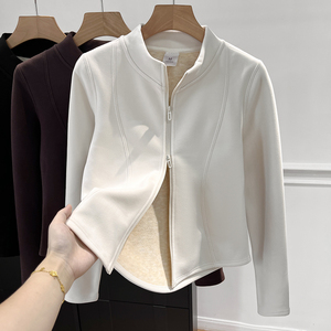 立领小蛮腰设计秋冬双面绒发热防风保暖修身开衫外套