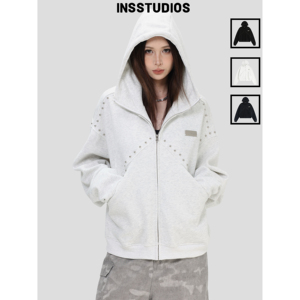 INSstudios国潮情侣款美式拼接铆钉拉链连帽加绒宽松卫衣外套